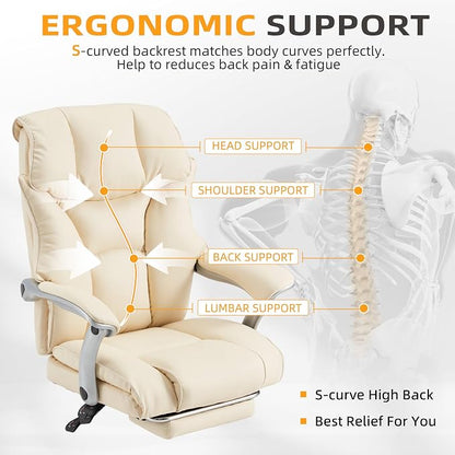 HOMREST Big and Tall Heavy Duty Office Chair 550LBS, Ergonomic Leather Executive Chair with 155° Recline, Large Back Pocket &Footrest, Computer Desk Chair for Heavy People, Beige