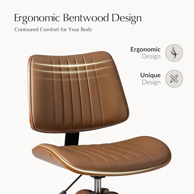 HULALA HOME Faux Leather Home Office Chair with Solid Wood Legs, 360° Swivel Desk Chair No Wheels with Bentwood Design, Mid-Century Modern Wide Seat Computer Task Chair, Camel