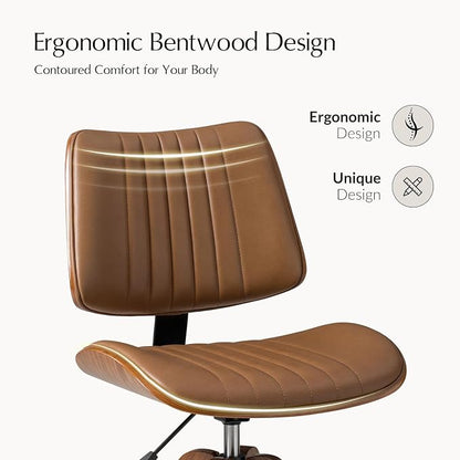 HULALA HOME Faux Leather Home Office Chair with Solid Wood Legs, 360° Swivel Desk Chair No Wheels with Bentwood Design, Mid-Century Modern Wide Seat Computer Task Chair, Camel