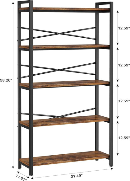 5 Tier Bookshelf 31.49" Width, Book Organizers and Storage, Wood and Metal Tall Bookcase, Rustic Book Shelf Organization and Storage for Home Living Room Bedroom Office Storage(Rustic Brown)