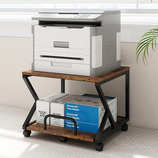 Natwind 2 Tier Printer Stand,19.7''x19.7'',with Pull Out Shelf,Retro | Easy Reach for Lower Shelf Items,Rolling Printer Cart with Wheels, Fits Under Desk,Supports 180lbs,for Home Office Kitchen