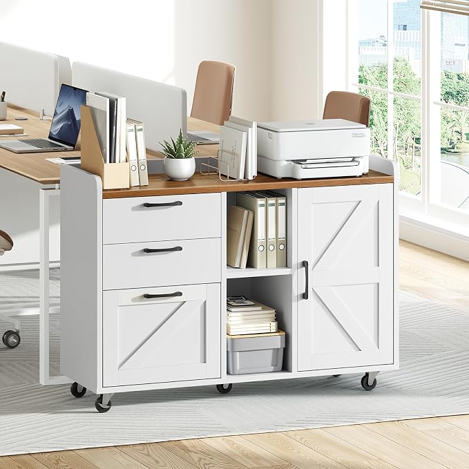 HOOBRO Lateral File Cabinet with Charging Station, Wooden Office Storage Cabinet with 3 Drawers and Door,Farmhouse Filing Cabinet Printer Stand for Home Office, Fits A4, Letter Size, White WH35UWJ01
