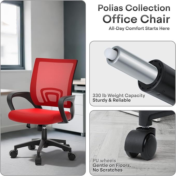 Ergonomic Office Chair, Breathable Mesh Computer Desk Chair | with Lumbar Support & Armrest, Rolling Swivel Adjustable Tilt Lock for Home Office/Gaming, Bedroom Study, Red