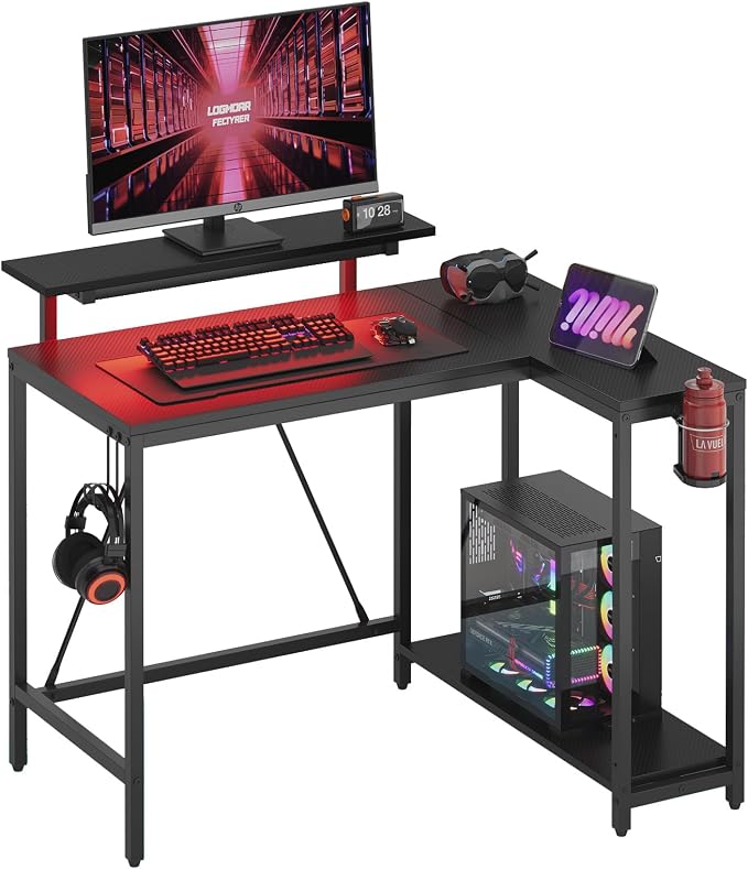Pinmoco 42" Reversible L-Shaped Desk, Gaming Desk with LED Lights, Monitor Stand, Cup Holder and Headset Hook, Corner Work Station for Home Office, Study and Small Spaces, Carbon Fiber Black | corner desk fits small spaces, monitor stand, cup holder, h...