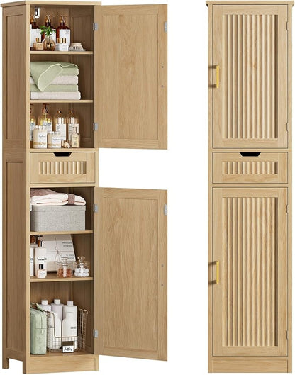 Iwell Tall Narrow Storage Cabinet with 1 Drawer and 2 Doors, Fluted Cabinet with Adjustable Shelves, Rattan Kitchen Cabinet for Bathroom, Living Room, Kitchen, Natural Oak