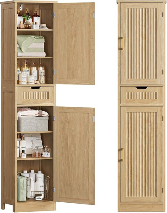 Iwell Tall Narrow Storage Cabinet with 1 Drawer and 2 Doors, Fluted Cabinet with Adjustable Shelves, Rattan Kitchen Cabinet for Bathroom, Living Room, Kitchen, Natural Oak