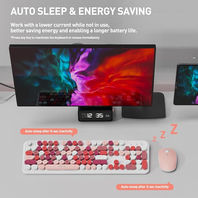 FOPETT 2.4GHz Wireless Keyboard and Mouse Set with Switch Button - Full-Size Keyboard - Compatible for Windows/Laptop/PC/Notebook/Smart TV and More - White Colorful