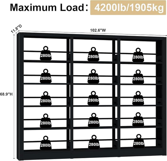 5-Tier Industrial Bookshelf, Black Bookcases and Bookshelves,Tall Metal Book Shelf Storage Organizer, Freestanding Bookshelf for Living Room,Home Office (Black, Shelf-3)