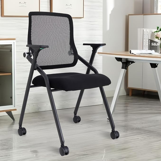 Updated Conference Room Chairs, Folding Office Desk Chair with Lumbar Support and Sliding Armrest with Casters, Stackable Office Guest Chairs & Reception Chairs, 1 Pack Black