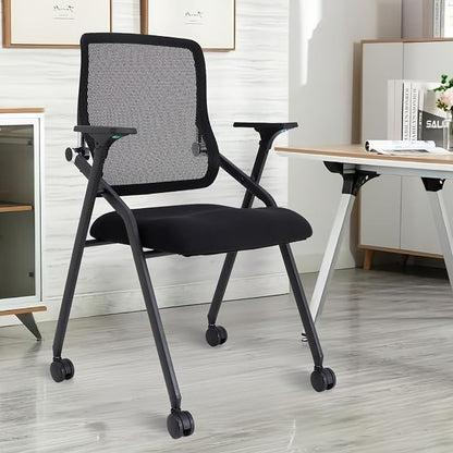 Updated Conference Room Chairs, Folding Office Desk Chair with Lumbar Support and Sliding Armrest with Casters, Stackable Office Guest Chairs & Reception Chairs, 1 Pack Black