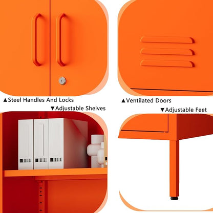 32" Orange 3 Door Lockable Metal Cabinet, Freestanding Multipurpose Heavy Duty Storage Locker with Adjustable Shelves for Home Office Kitchen Living Room Bedroom