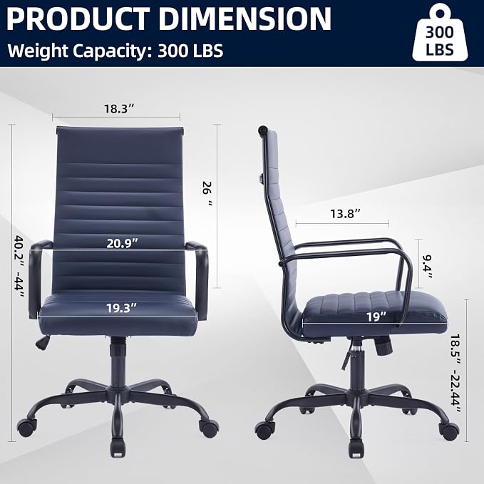 Office Chair, Ergonomic Executive Conference Room Chairs, Ribbed Leather Desk Chair with Lumbar Support, Adjustable Height Mid-Back Swivel Chair with Padded Seat