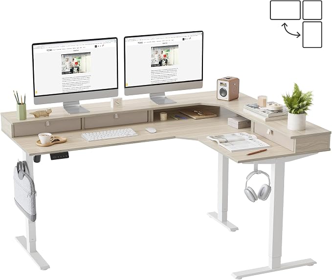 FEZIBO L Shaped Electric Standing Desk, 63 x 48inch Large with Drawers | Reversible Tabletop, 2 Memory Height Settings | Home Office & Gaming Height-Adjustable Table, Light Walnut （2 Packages）