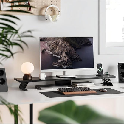 Fenge Dual Monitor Stand Riser, 42.5 Inch Desk Top Shelf for 2 Monitors, Computer Stands for Desk, Wood & Steel Desktop Riser for Laptop, PC, Printer
