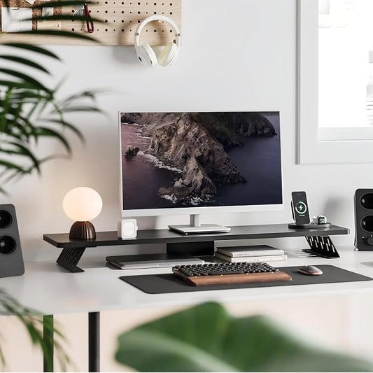 Fenge Dual Monitor Stand Riser, 42.5 Inch Desk Top Shelf for 2 Monitors, Computer Stands for Desk, Wood & Steel Desktop Riser for Laptop, PC, Printer