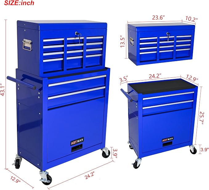 RYH 8 Drawers Rolling Tool Chest & Tool Box on Wheels | Heavy Duty Metal Cart with Ball Bearing Drawers | Fits US General Tool Box for Garage Storage (Blue, 8 Drawers /43.1" H × 24.2" W)