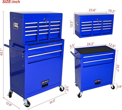 RYH 8 Drawers Rolling Tool Chest & Tool Box on Wheels | Heavy Duty Metal Cart with Ball Bearing Drawers | Fits US General Tool Box for Garage Storage (Blue, 8 Drawers /43.1" H × 24.2" W)