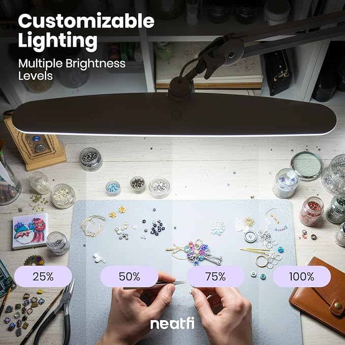 Neatfi XL 2,200 Lumens 24W LED Desk Lamp – 23” Wide Shade | Dimmable Eye-Caring Task Light | Adjustable Arm | Home Office, Study, Crafts & Nail Tech (White, Non-CCT with Clamp)