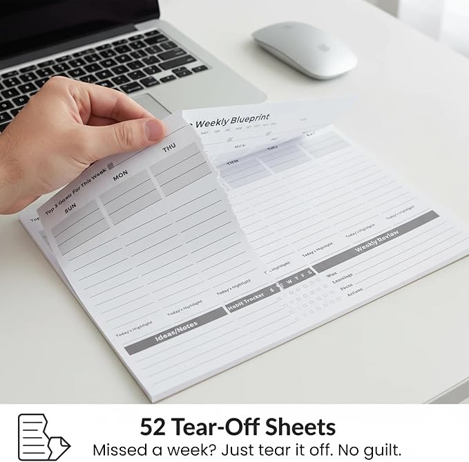 Undated Weekly Planner Pad (8.5"x11") | Productivity Desk Notepad for Focus & Planning | 3-Goal Weekly System for Deep Work | ADHD-Friendly Minimal Layout | Habit Tracker & Weekly Review | 52 Tear-Off Sheets