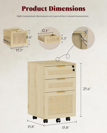 HOPUBUY 3 Drawer File Cabinet with Lock, Small Rattan Filing Cabinets with Wheels, Wood Rolling Office Storage for Under Desk Home Office,Natural