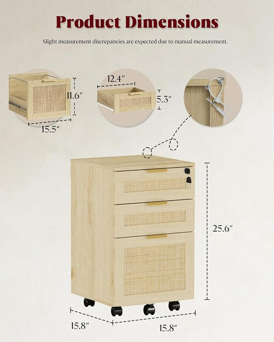 HOPUBUY 3 Drawer File Cabinet with Lock, Small Rattan Filing Cabinets with Wheels, Wood Rolling Office Storage for Under Desk Home Office,Natural