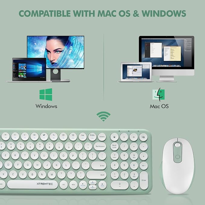 Wireless Keyboard and Mouse Combo,XTREMTEC 2.4GHz Quiet Slim Cute Round Keycap Compact Size Green Kawaii Cordless Retro Keyboard and Mouse Set Home Office Accessories for Mac/Windows(Macaron Green A)