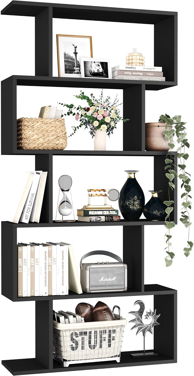 Yusong Bookshelf 5-Tier, Geometric Bookcase S Shaped Book Shelves for Bedroom, Modern Wood Decorative Display Shelf Book Case for Home Office, Black