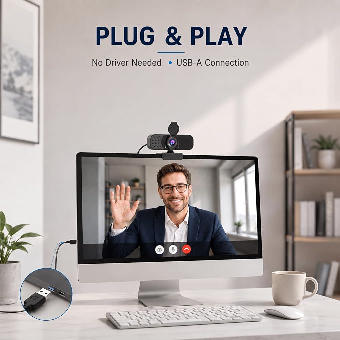 1080P Webcam with Microphone and Physical Privacy Cover, Noise Cancelling USB Web Camera, Auto Light Correction, Plug and Play, Wide Angle PC Camera for Zoom, Online Class, Laptop/Desktop