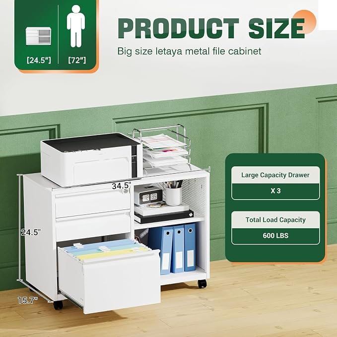 Letaya Mobile 3 Drawer File Cabinet with Lock-Metal Lateral Rolling Printer Stand Filing Cabinets for Home Office-Storage A4/F4/Letter (White)