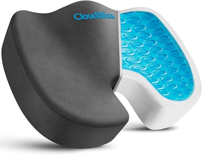 CloudBliss Gel Seat Cushion - Cooling Gel Enhanced, Memory Foam, Ergonomic Seat Cushion for Long Sitting for Office, Game, Car, Airplane (Large, Grey)