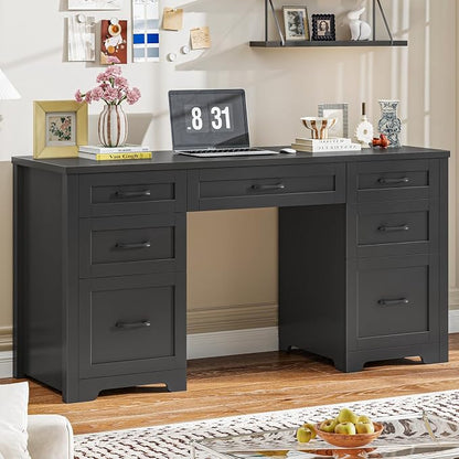 Vabches Farmhouse 61'' Executive Desk with 7 Drawers, Rustic Office Desk Computer Table with File Drawers, Wood Workstation for Study and Home Office,Pure Black