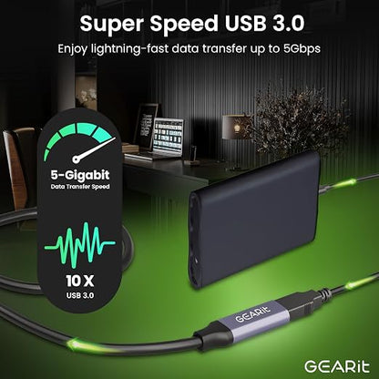 GEARit USB 3.0 Active Extension Cable (20 Feet) A-Male to A-Female USB Repeater with Signal Booster for Oculus Rift, Quest Link, Xbox 360 Kinect, PlayStation, Printer, Webcam - 20ft