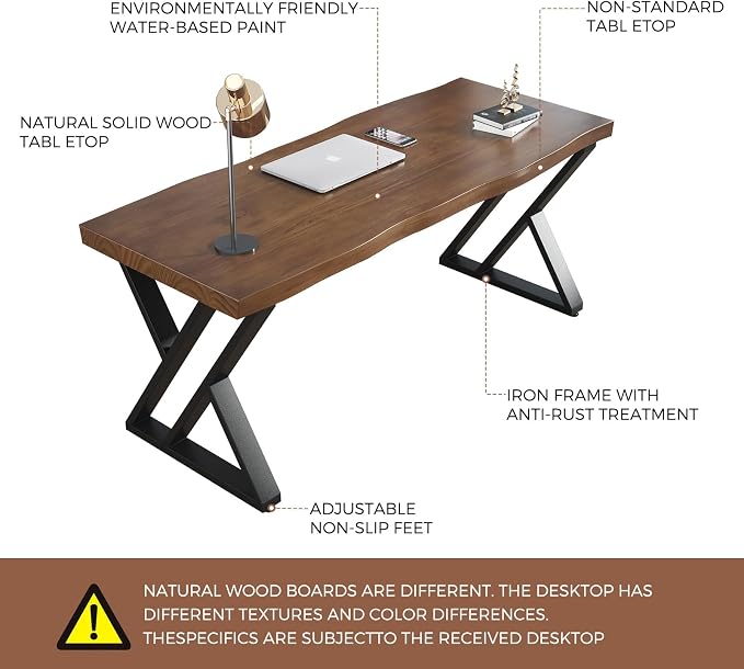 Sihtengxxhongs Solid Wood Desk 55 Inch, Rustic Home Office Computer Desk with Heavy Duty Metal Legs, Large Executive Writing Study Desk, Real Wood Workstation for Home, Office, Dining Room