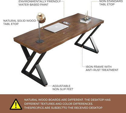 Sihtengxxhongs Solid Wood Desk 55 Inch, Rustic Home Office Computer Desk with Heavy Duty Metal Legs, Large Executive Writing Study Desk, Real Wood Workstation for Home, Office, Dining Room