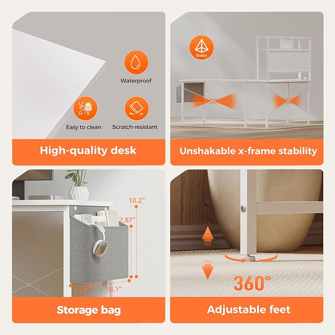 Mericonia 51 inch Large L Shaped Desk with Pegboard Hutch & Shelves, Corner Gaming Desk with Power Outlet, LED Light & Storage Bag, Reversible Computer Desk for Home, Bedroom, Office Workspace, White