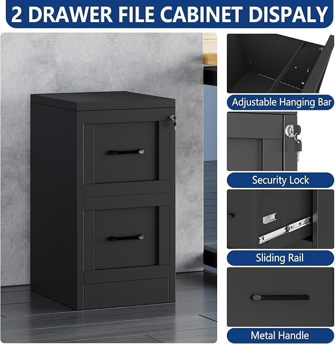 Ckzbx 2 Drawer File Cabinet with Lock, Narrow Vertical Filing Cabinet, Under Desk File Cabinets,Black Metal File Cabinets for Home Office,Fit Letter/A4/Legal Size File