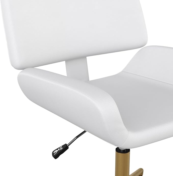Martha Stewart Tyla Armless Swivel Task Chair for Home Office in White Faux Leather with Polished Brass Frame