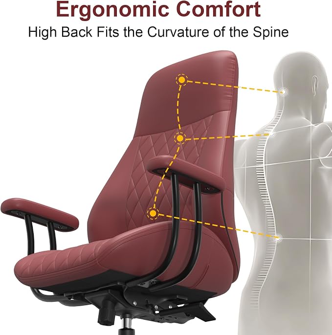 E-Ser Leather Desk Chair, Mid Century Modern Office Chair, Red | Lumbar Support, Ergonomic, 360° Swivel, Rubber Rolling Wheels, Adjustable Height, for Adults