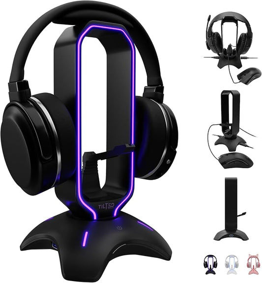 Tilted Nation Gaming Headset Stand | RGB Headphone Stand for Desk with Mouse Bungee and USB Hub (Cool and Clean Setup) Gaming Headset Holder - Perfect Gamer Gift Accessory