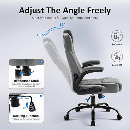 amseatec Office Chair with Flip-Up Arms, Ergonomic PU Leather Executive Desk Chair with 90°Lock & Rocking Function, Lumbar Support Swivel Computer Chair for Home Office, Oversized 300lbs (Gray