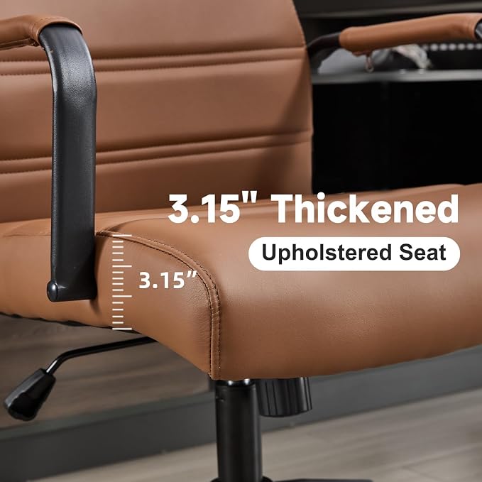 Office Desk Chair Leather, Conference Room Chairs with Wheels, Modern Executive Office Chairs Adjustable Height, Ergonomic Swivel Rolling Ribbed Computer Chair (Brown&Black)