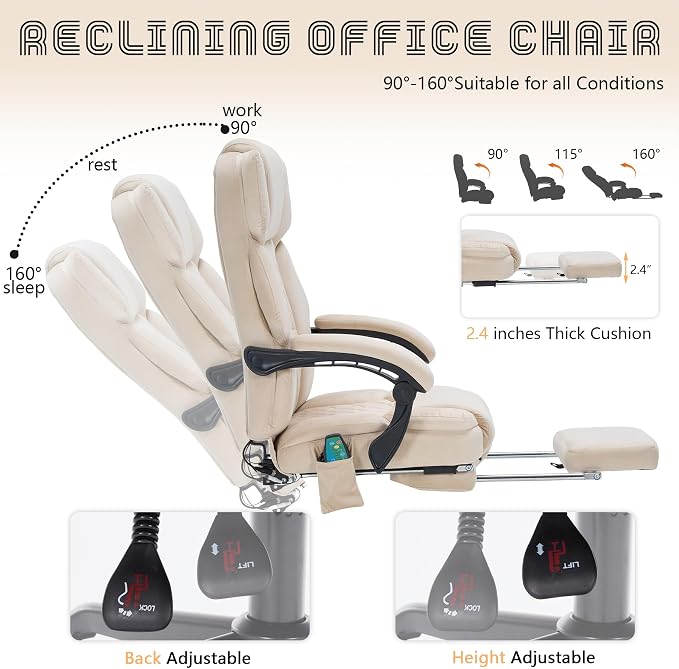 Massage Office Chair with Foot Rest 6 Points Vibration and Heat Home Office Desk Chairs for Heavy People 400lbs Reclining Managerial Chairs Ergonomic Executive Chair (Beige)