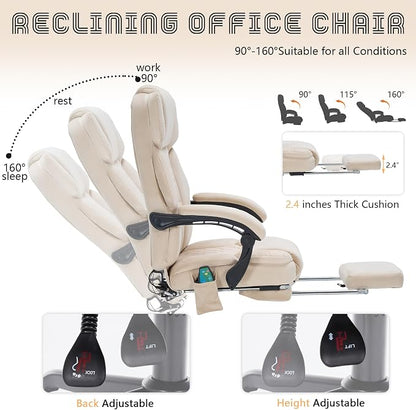 Massage Office Chair with Foot Rest 6 Points Vibration and Heat Home Office Desk Chairs for Heavy People 400lbs Reclining Managerial Chairs Ergonomic Executive Chair (Beige)