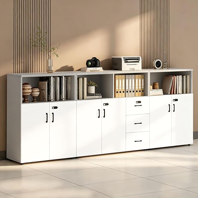 File Cabinet with Password Lock, Wood Lateral Filing Cabinet for Letter/A4 Files, 3 Drawer with Door, Printer Stand with Open Shelves for Home Office
