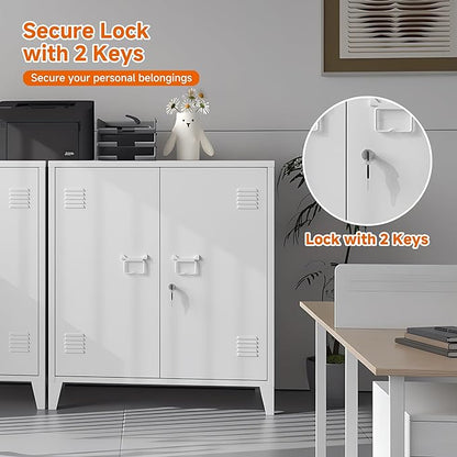 Metal Storage Cabinet 35.4”H Lockable Storage Cabinet (White) | With 2 Adjustable Shelves and Doors, White Small Storage Cabinet for Home Warehouse Office Garage