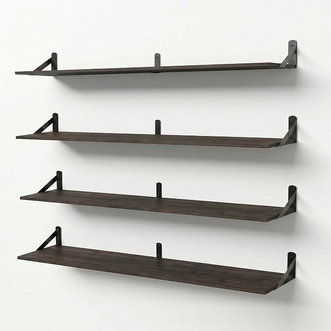 Long Wall Shelf,Large Floating Shelves for Wall,Wood Floating Bookshelves Hanging,Book Storage Display for Living Room Bedroom Office Bathroom Decor,4 Pack,47 Inch,Dark Brown