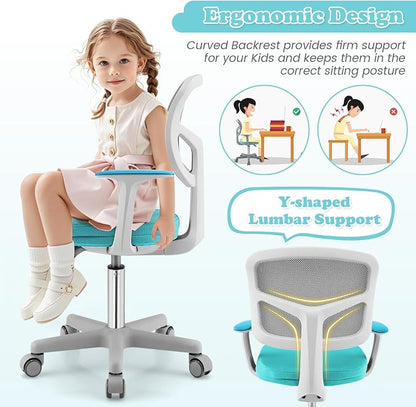 Giantex Kids Desk Chair, Ergonomic Adjustable Teen Task Chair w/Y-Shaped Lumbar Support, Armrest & Universal Wheels, Mesh Kid Office Chair for Sturdy, Kids Computer Chair for Boy Girl 4-12, Turquoise