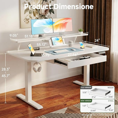 COMHOMA Electric Standing Desk with Drawers, 55 x 24 Inch Sit Stand up Desk with Monitor Stand, Laptop Stand, Height Adjustable Ergonomic Home Office Computer Desks with Memory Preset Controller