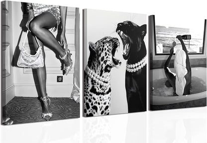 Bathroom Fashion Leopard Print Black and White Canvas Wall Art Trendy Women Posters Paintings Luxury Feminist Pictures Wall Decor for Bedroom Living Room Hallway Home Decoration 16x24 In Framed