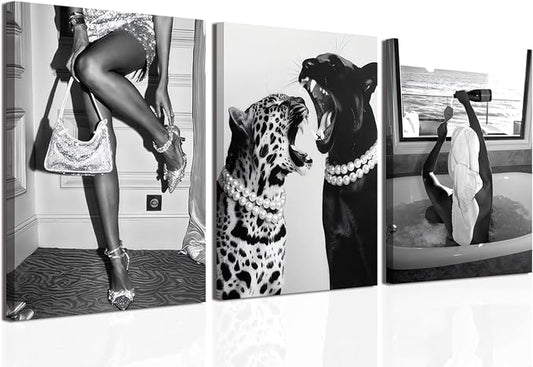 Bathroom Fashion Leopard Print Black and White Canvas Wall Art Trendy Women Posters Paintings Luxury Feminist Pictures Wall Decor for Bedroom Living Room Hallway Home Decoration 16x24 In Framed